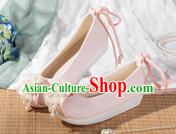 China Traditional Tang Dynasty Pink Cloth Shoes Ancient Princess Shoes Hanfu Pearls Toe Shoes