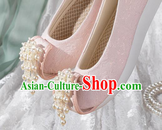 China Traditional Tang Dynasty Pink Cloth Shoes Ancient Princess Shoes Hanfu Pearls Toe Shoes