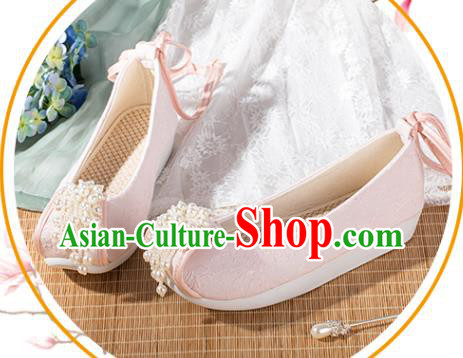 China Traditional Tang Dynasty Pink Cloth Shoes Ancient Princess Shoes Hanfu Pearls Toe Shoes