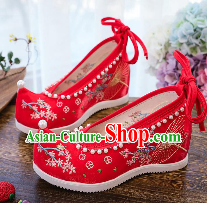 Chinese Wedding Embroidery Red Cloth Shoes Traditional Xiuhe Woman Shoes National Wedge Heel Shoes