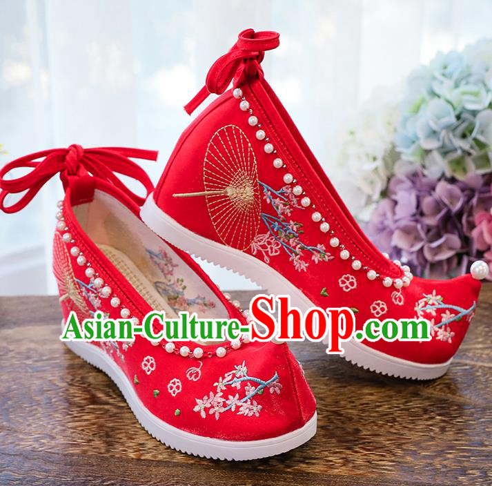 Chinese Wedding Embroidery Red Cloth Shoes Traditional Xiuhe Woman Shoes National Wedge Heel Shoes