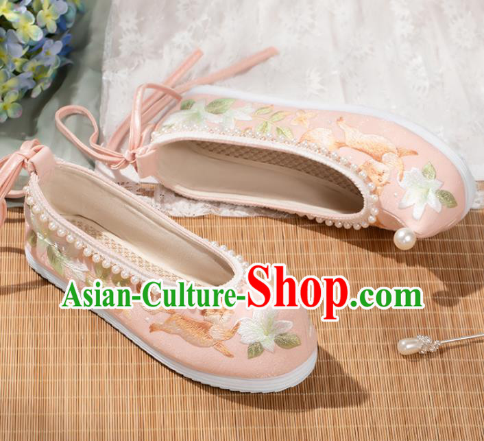 China Hanfu Pearls Shoes Traditional Ming Dynasty Embroidered Shoes Ancient Princess Pink Cloth Shoes