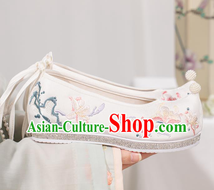 Chinese Classical Embroidery Mangnolia Shoes Traditional Woman White Cloth Shoes National Dance Shoes