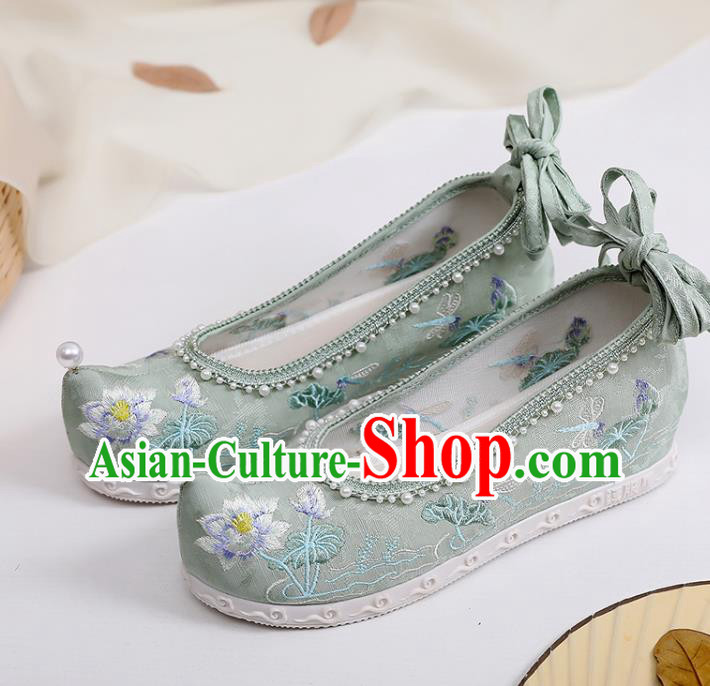 Chinese Embroidery Lotus Shoes Traditional Woman Green Cloth Shoes Classical Dance Shoes