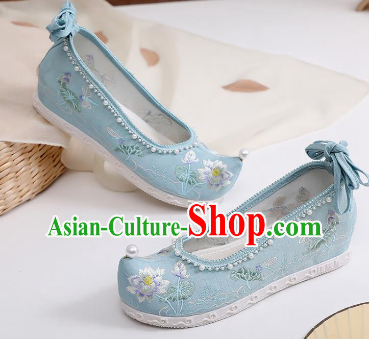 Chinese Classical Dance Shoes Footwear Embroidery Lotus Shoes Traditional Woman Blue Cloth Shoes