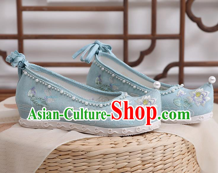 Chinese Classical Dance Shoes Footwear Embroidery Lotus Shoes Traditional Woman Blue Cloth Shoes