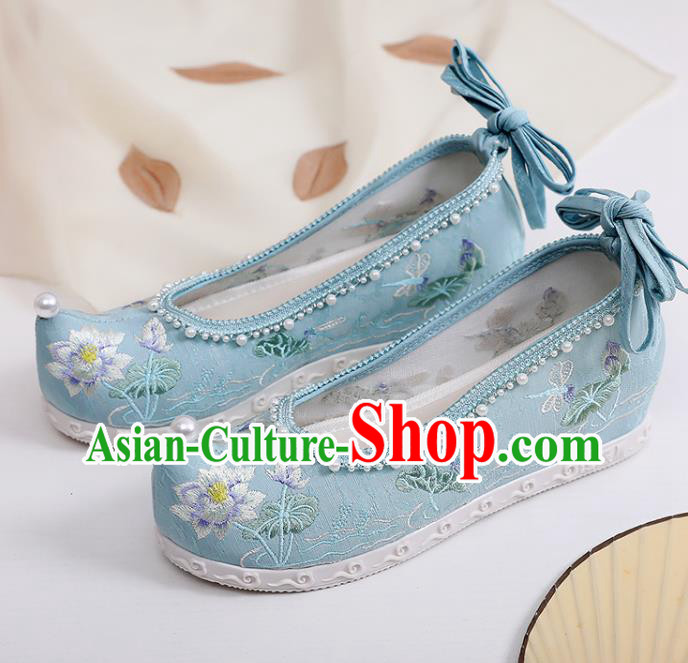 Chinese Classical Dance Shoes Footwear Embroidery Lotus Shoes Traditional Woman Blue Cloth Shoes