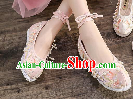 China Ancient Princess Pink Embroidered Phoenix Shoes Traditional Hanfu Pearls Tassel Shoes Handmade Ming Dynasty Bow Shoes