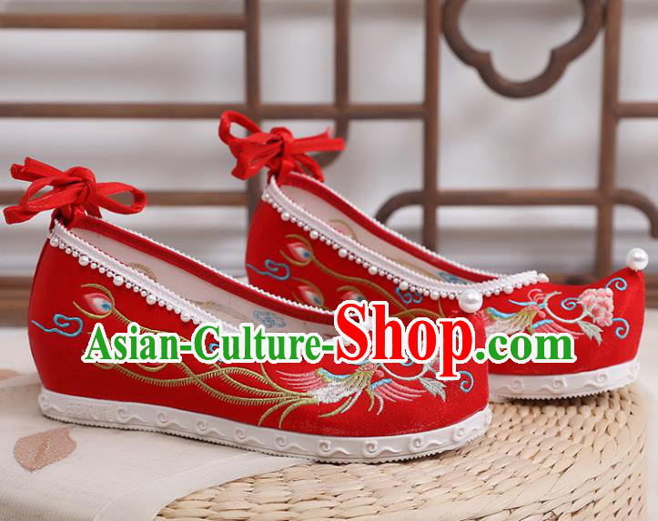 Chinese National Embroidery Phoenix Peony Shoes Traditional Wedding Red Cloth Shoes Classical Bride Pearls Shoes