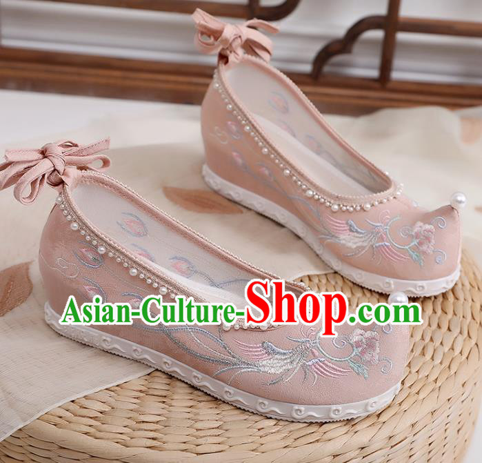 Chinese Classical Pearls Shoes National Embroidery Phoenix Peony Shoes Traditional Pink Cloth Shoes