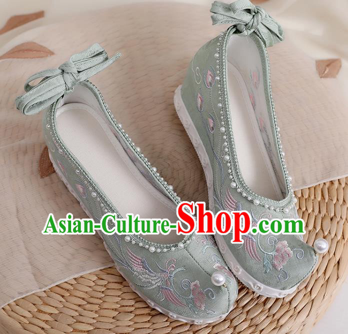 Chinese Traditional Embroidery Phoenix Peony Shoes Classical Dance Pearls Shoes National Green Cloth Shoes
