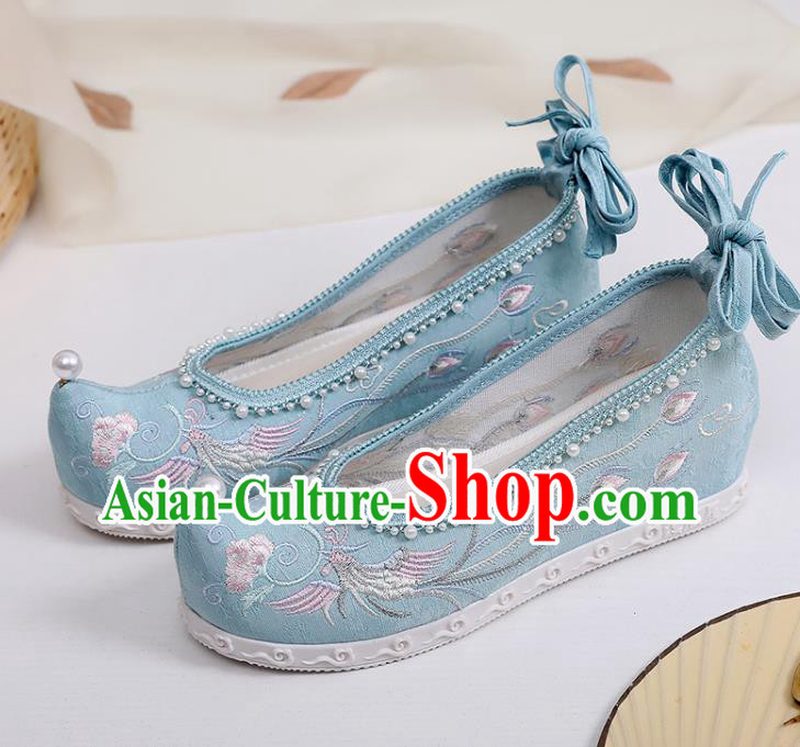 Chinese National Blue Cloth Shoes Traditional Embroidery Phoenix Peony Shoes Classical Dance Pearls Shoes