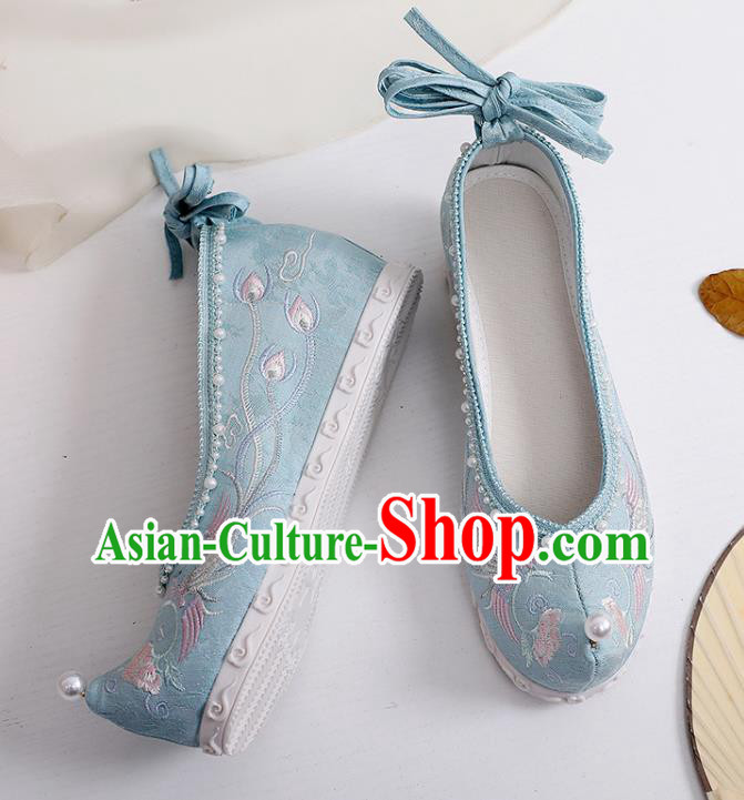 Chinese National Blue Cloth Shoes Traditional Embroidery Phoenix Peony Shoes Classical Dance Pearls Shoes