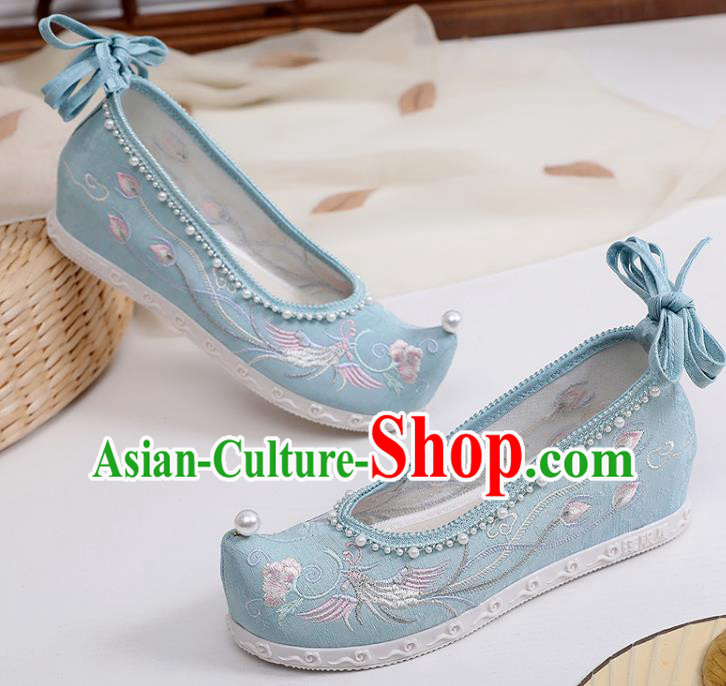 Chinese National Blue Cloth Shoes Traditional Embroidery Phoenix Peony Shoes Classical Dance Pearls Shoes