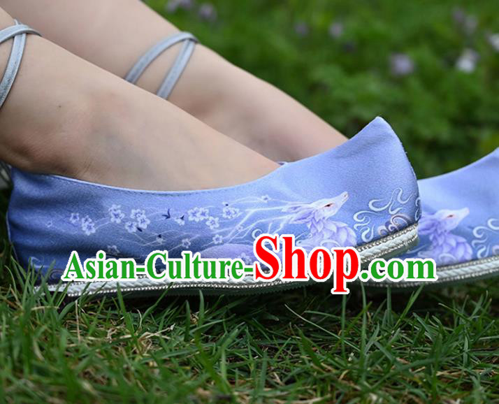 China Handmade Ming Dynasty Bow Shoes Ancient Princess Shoes Traditional Hanfu Blue Cloth Shoes