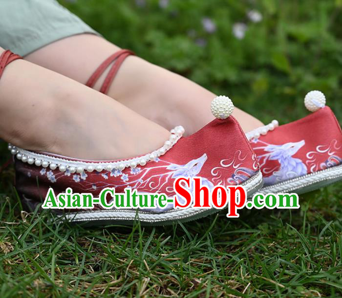 China Ancient Princess Red Cloth Shoes Traditional Hanfu Pearls Shoes Handmade Ming Dynasty Bow Shoes