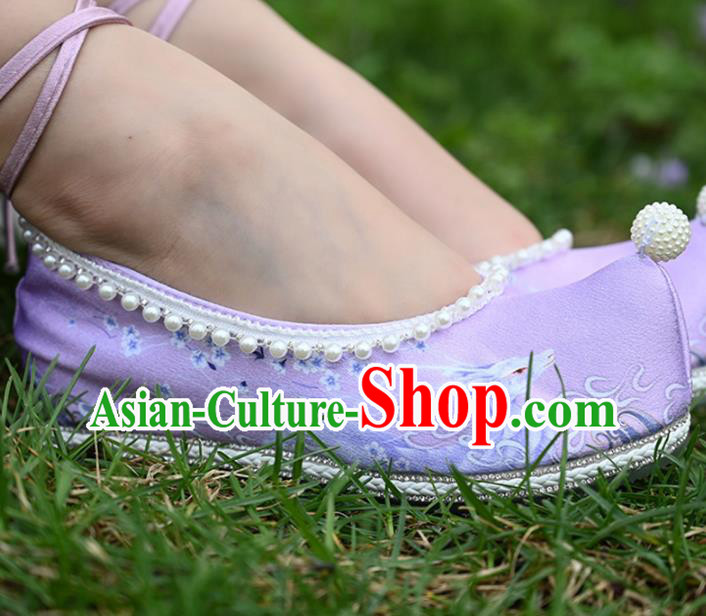 China Traditional Hanfu Lilac Cloth Shoes Handmade Ming Dynasty Bow Shoes Ancient Princess Pearls Shoes