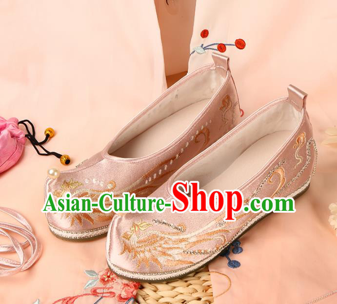 China Ancient Princess Shoes Embroidered Pink Satin Shoes Traditional Hanfu Shoes Handmade Ming Dynasty Pearl Shoes
