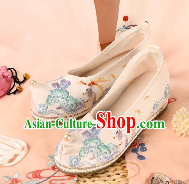 China Embroidered White Satin Shoes Traditional Hanfu Shoes Handmade Ming Dynasty Pearl Shoes Ancient Princess Shoes