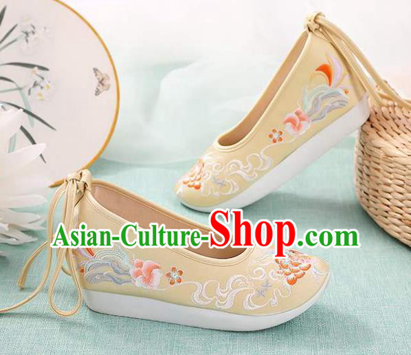 Chinese Embroidery Peony Shoes National Woman Footwear Traditional Beijing Yellow Cloth Shoes