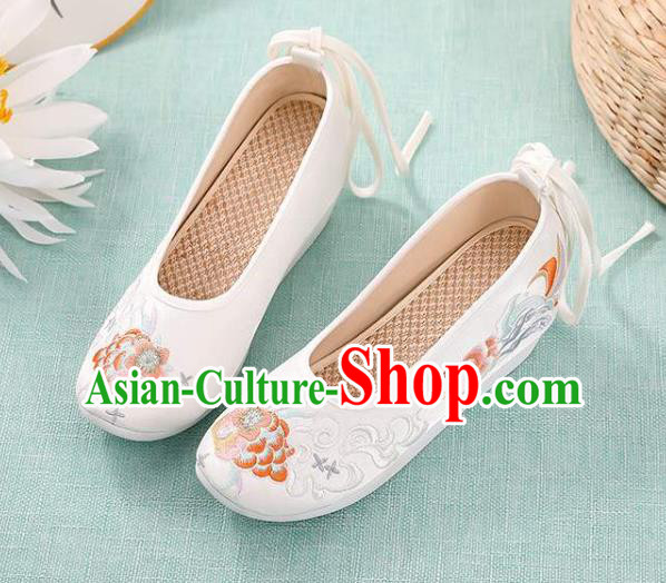 Chinese Traditional Beijing White Cloth Shoes Embroidery Peony Shoes National Woman Footwear