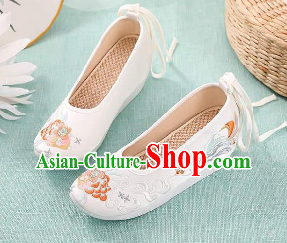 Chinese Traditional Beijing White Cloth Shoes Embroidery Peony Shoes National Woman Footwear