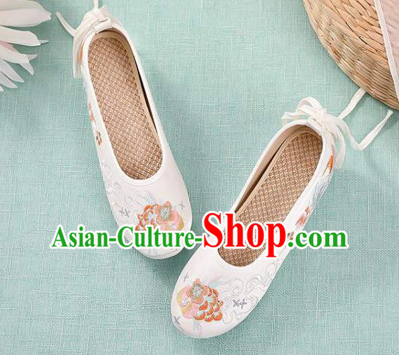Chinese Traditional Beijing White Cloth Shoes Embroidery Peony Shoes National Woman Footwear