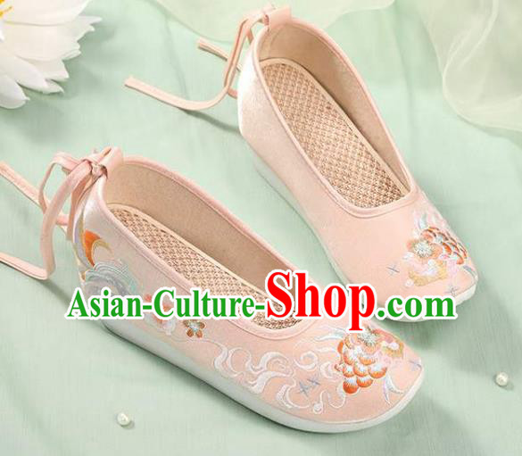 Chinese National Woman Footwear Traditional Beijing Pink Cloth Shoes Embroidery Peony Shoes
