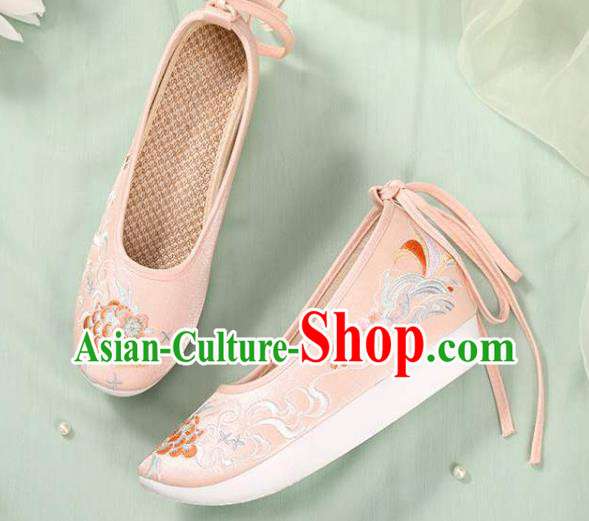 Chinese National Woman Footwear Traditional Beijing Pink Cloth Shoes Embroidery Peony Shoes