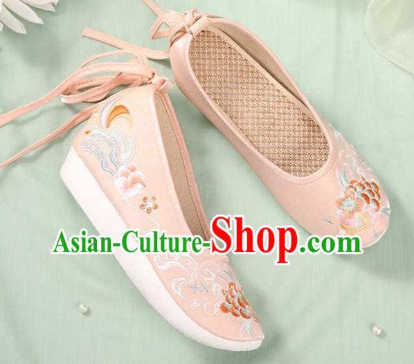 Chinese National Woman Footwear Traditional Beijing Pink Cloth Shoes Embroidery Peony Shoes