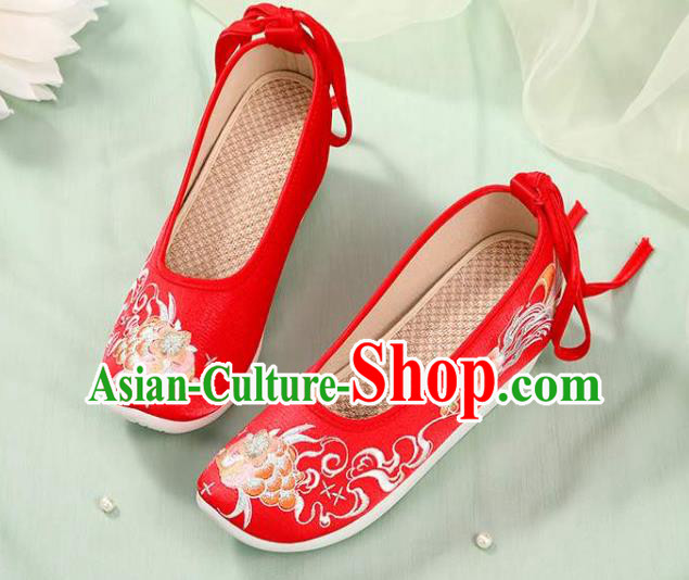 Chinese Wedding Embroidery Peony Shoes National Woman Footwear Traditional Beijing Bride Red Cloth Shoes