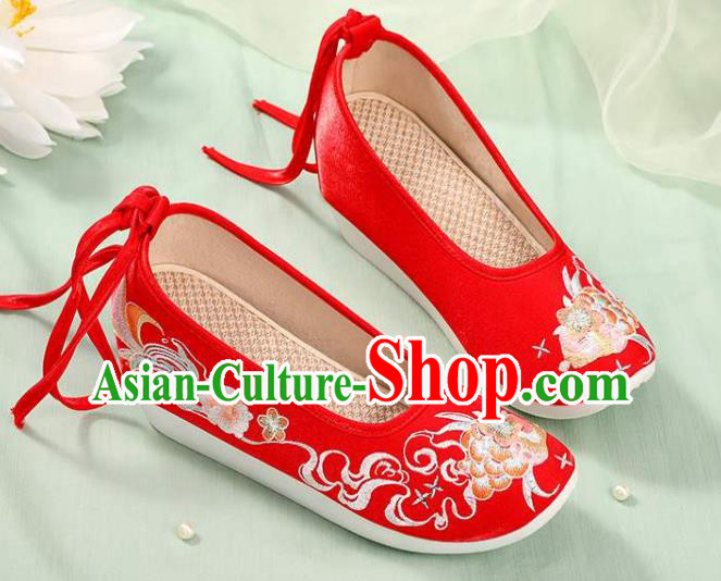 Chinese Wedding Embroidery Peony Shoes National Woman Footwear Traditional Beijing Bride Red Cloth Shoes