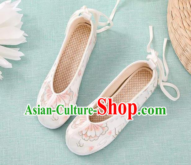 Chinese Classical Dance Shoes National Woman Embroidered Shoes Traditional Hanfu White Cloth Shoes
