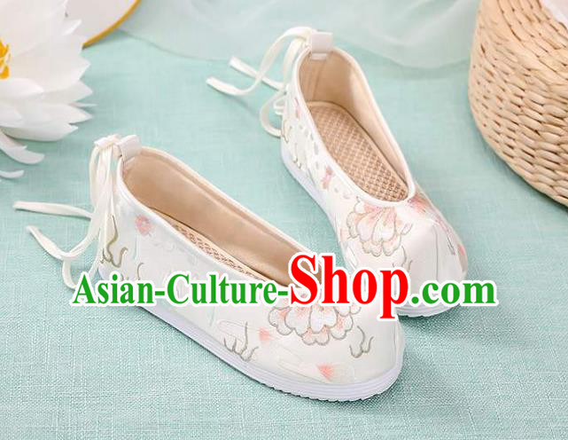 Chinese Classical Dance Shoes National Woman Embroidered Shoes Traditional Hanfu White Cloth Shoes