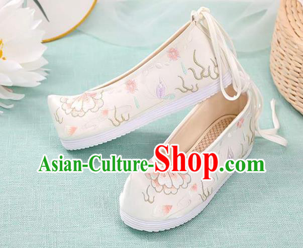 Chinese Classical Dance Shoes National Woman Embroidered Shoes Traditional Hanfu White Cloth Shoes