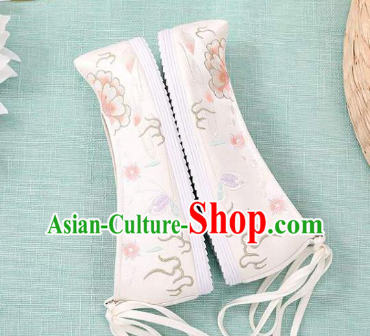 Chinese Classical Dance Shoes National Woman Embroidered Shoes Traditional Hanfu White Cloth Shoes