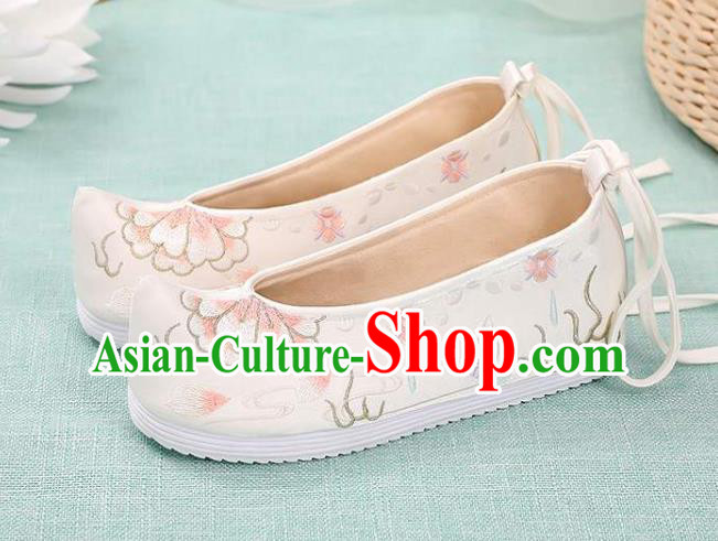Chinese Classical Dance Shoes National Woman Embroidered Shoes Traditional Hanfu White Cloth Shoes