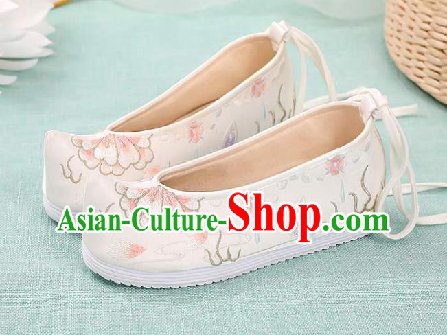 Chinese Classical Dance Shoes National Woman Embroidered Shoes Traditional Hanfu White Cloth Shoes