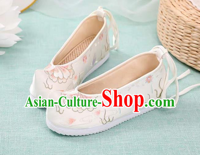 Chinese Classical Dance Shoes National Woman Embroidered Shoes Traditional Hanfu White Cloth Shoes