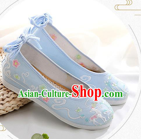 Chinese National Embroidered Blue Cloth Shoes Traditional Hanfu Shoes Classical Dance Shoes