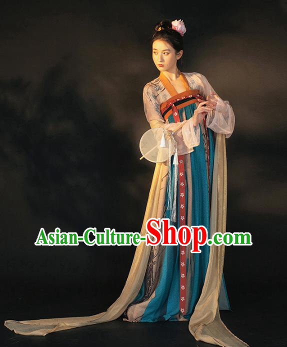 Traditional China Tang Dynasty Royal Princess Historical Clothing Ancient Noble Infanta Blue Hanfu Dress Garment