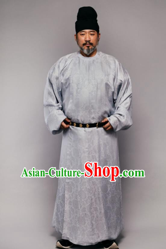 China Ancient Tang Dynasty Elderly Male Historical Clothing Grey Silk Robe Garment and Hat