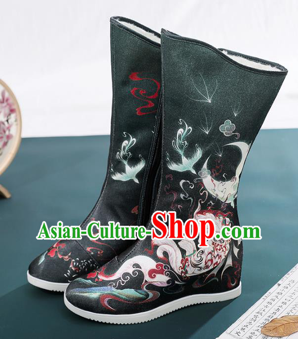 Chinese Ancient Swordswoman Black Boots Traditional Hanfu Footwear Embroidery Shoes