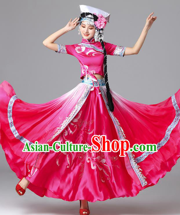 Chinese Yi Nationality Folk Dance Rosy Dress Outfits Ethnic Stage Performance Garment Clothing