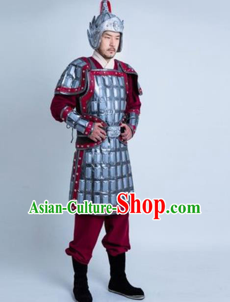 China Traditional Tang Dynasty Warrior Garment Costumes Ancient General Argent Armor Clothing and Helmet