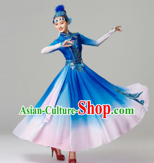 Chinese Mongolian Ethnic Stage Performance Garment Clothing Mongol Nationality Folk Dance Blue Dress Outfits