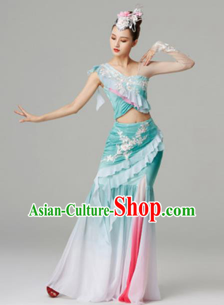 Chinese Yunnan Ethnic Stage Performance Garment Clothing Dai Nationality Peacock Dance Green Dress Outfits