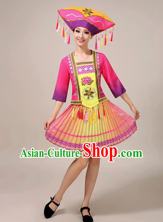 Chinese Zhuang Ethnic Folk Dance Garment Clothing Guangxi Nationality Stage Performance Rosy Short Dress Outfits