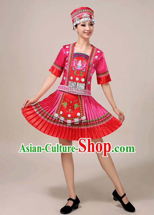 Chinese Yao Minority Dance Outfits Tujia Ethnic Folk Dance Garment Clothing Guizhou Nationality Performance Pink Short Dress