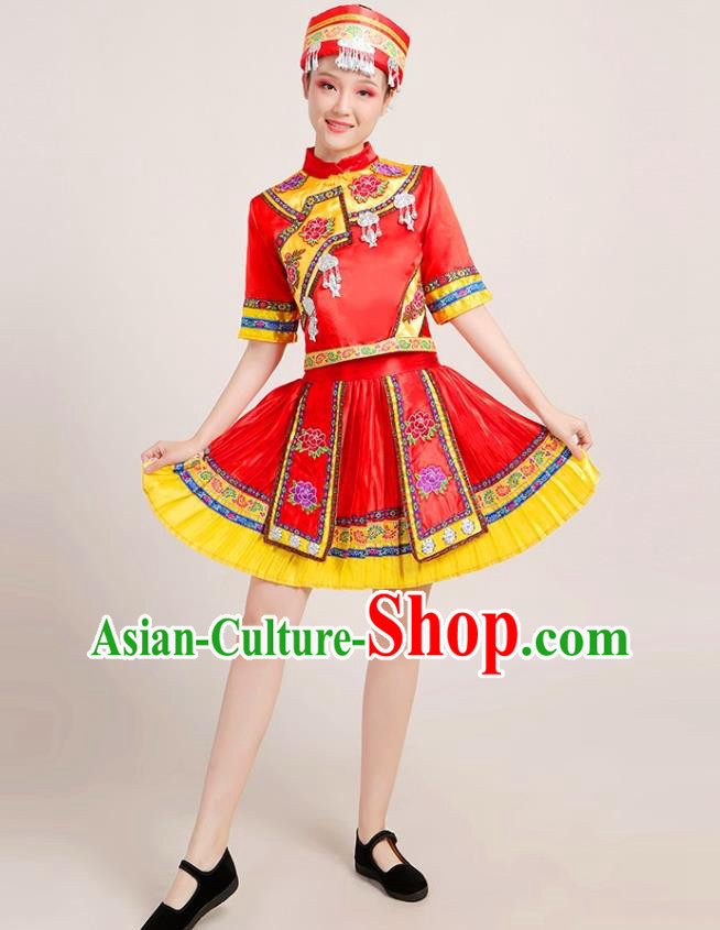 Chinese Yi Nationality Folk Dance Short Dress Yao Minority Red Outfits Yunnan Ethnic Performance Garment Clothing